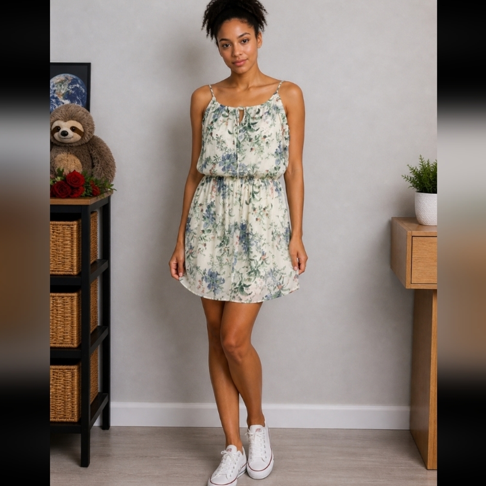 ZARA WOMAN Sheer Floral V Tie Neck Mini Dress S